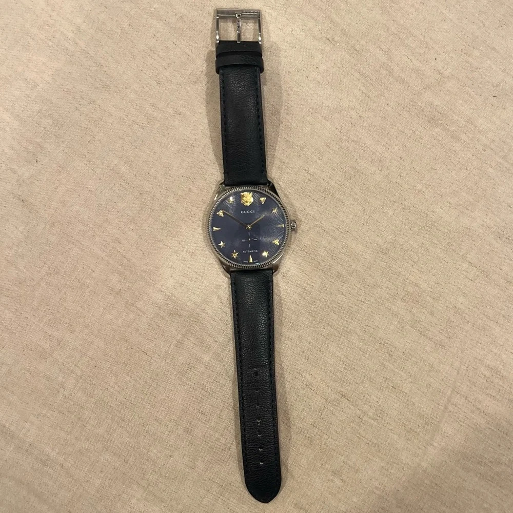 $3950 Gucci G-Timeless 40mm Charm Dial Automatic Watch, Deep Navy Blue